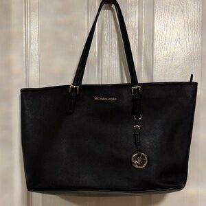 Michael Kors Black Leather large  Tote with Gold Logo Charm